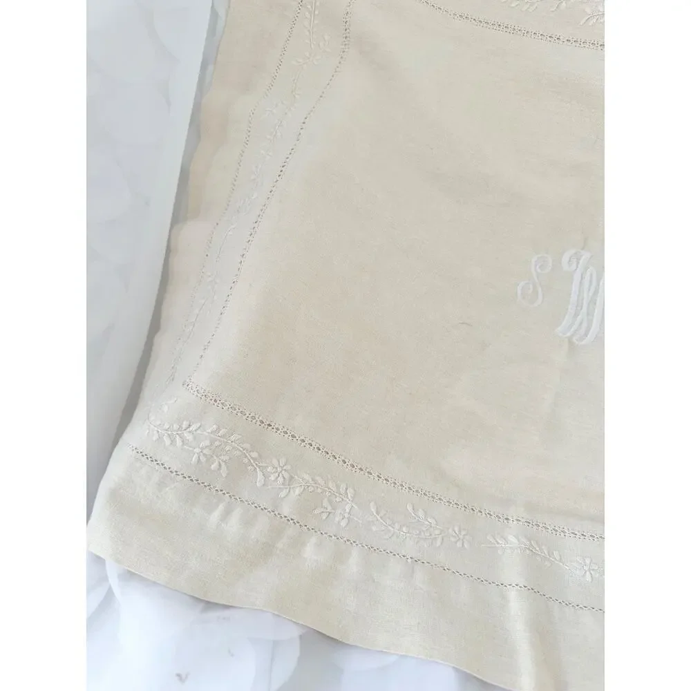 Vintage Pottery Barn Linen Cotton Pillow Shams Ecru Beige embroidered monogram